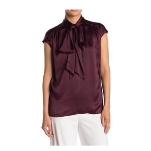 Kate Spade New York Satin Bow Blouse Burgundy Sleeveless Tie Neck Top Size Med
